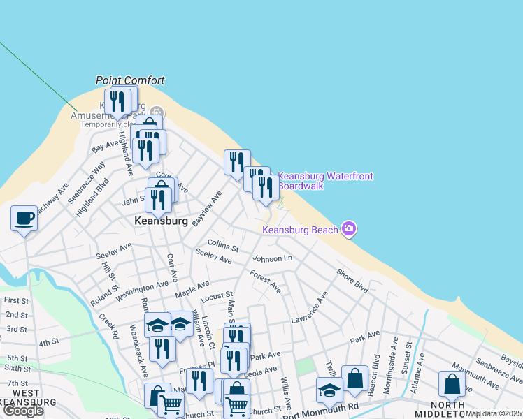 map of restaurants, bars, coffee shops, grocery stores, and more near 1 Beachway Avenue in Keansburg
