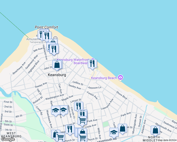 map of restaurants, bars, coffee shops, grocery stores, and more near 1 Beachway Avenue in Keansburg