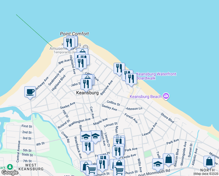 map of restaurants, bars, coffee shops, grocery stores, and more near 33A Bayview Avenue in Keansburg