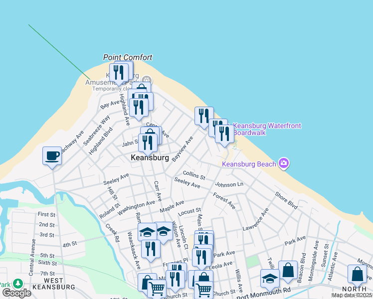 map of restaurants, bars, coffee shops, grocery stores, and more near 33A Bayview Avenue in Keansburg