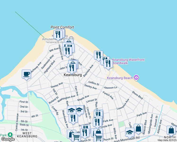 map of restaurants, bars, coffee shops, grocery stores, and more near 33A Bayview Avenue in Keansburg