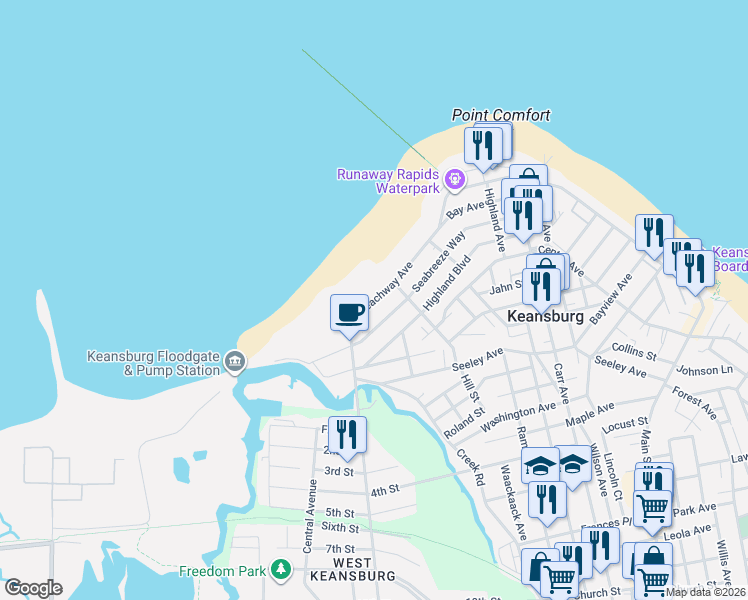 map of restaurants, bars, coffee shops, grocery stores, and more near 544 Beachway Avenue in Keansburg