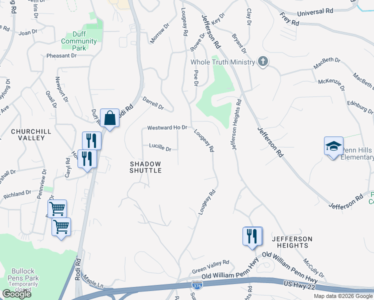 map of restaurants, bars, coffee shops, grocery stores, and more near in Penn Hills