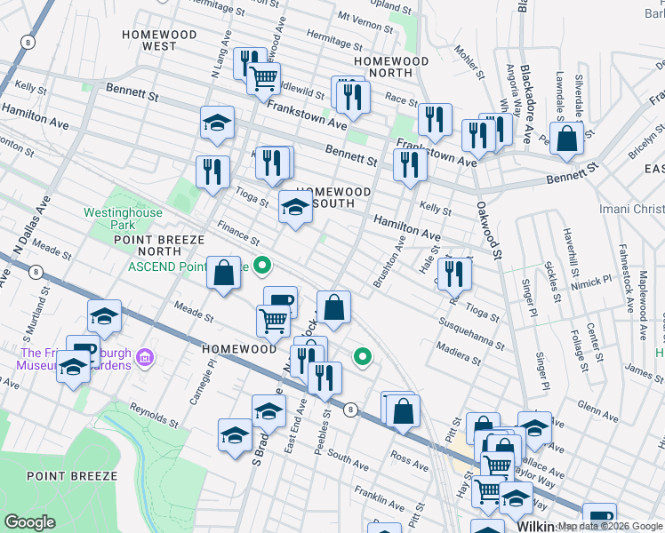 map of restaurants, bars, coffee shops, grocery stores, and more near 7511 Susquehanna Street in Pittsburgh
