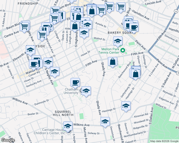 map of restaurants, bars, coffee shops, grocery stores, and more near 144 North Woodland Road in Pittsburgh