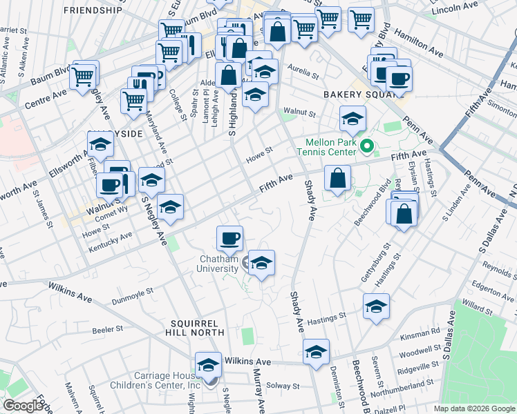 map of restaurants, bars, coffee shops, grocery stores, and more near 144 North Woodland Road in Pittsburgh