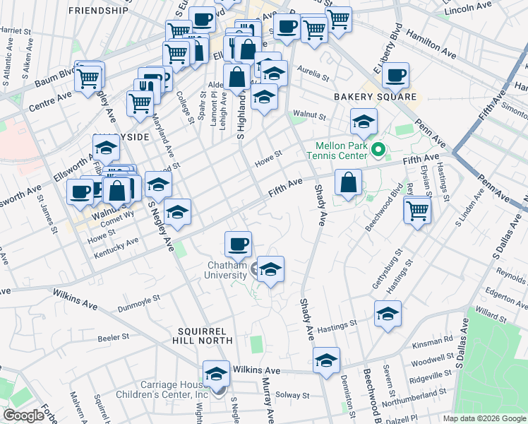map of restaurants, bars, coffee shops, grocery stores, and more near 5945 Fifth Avenue in Pittsburgh