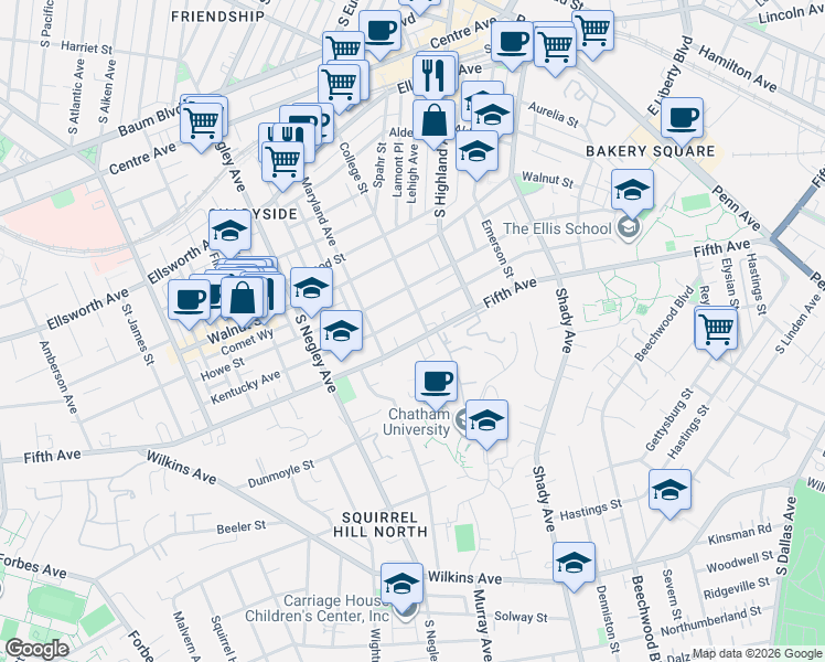 map of restaurants, bars, coffee shops, grocery stores, and more near 921 College Street in Pittsburgh