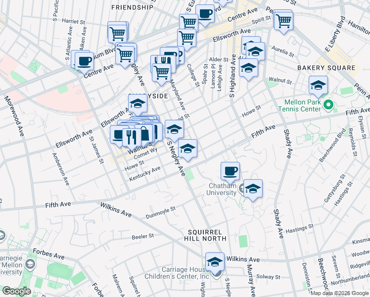map of restaurants, bars, coffee shops, grocery stores, and more near 5747 Howe Street in Pittsburgh