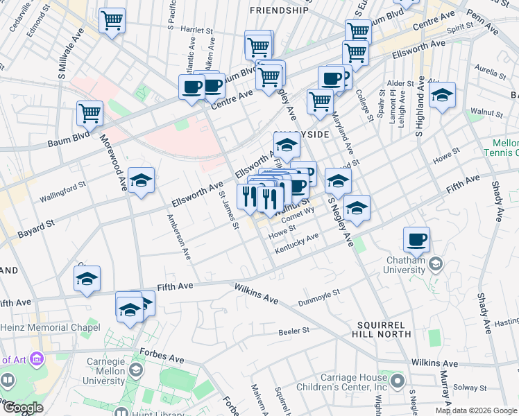 map of restaurants, bars, coffee shops, grocery stores, and more near 705 Copeland Street in Pittsburgh