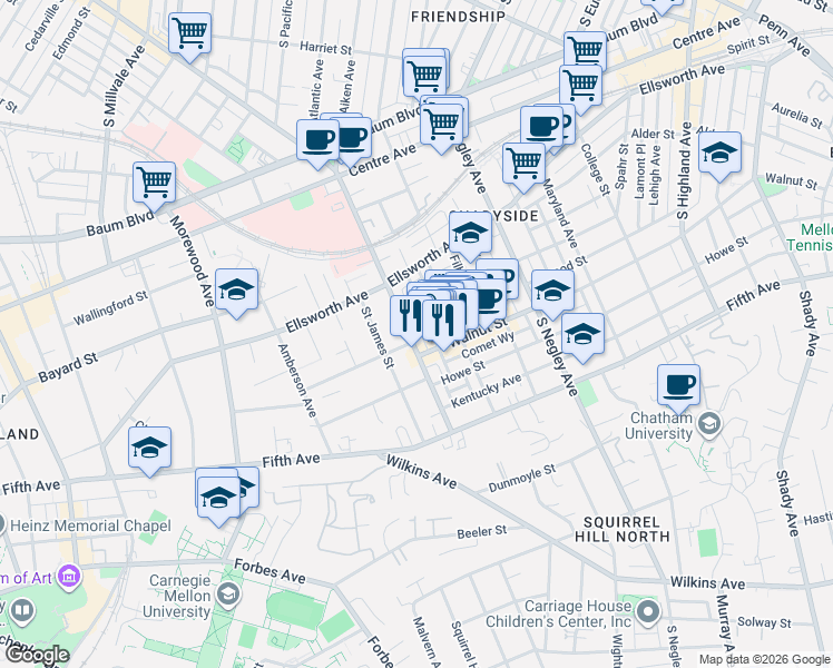 map of restaurants, bars, coffee shops, grocery stores, and more near 705 Copeland Street in Pittsburgh