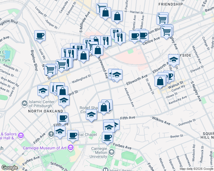 map of restaurants, bars, coffee shops, grocery stores, and more near 4939 Bayard Street in Pittsburgh