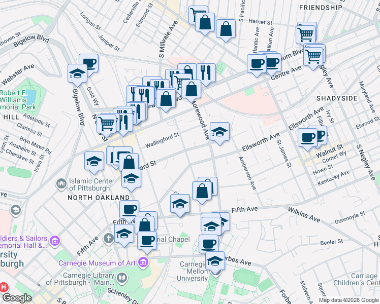 map of restaurants, bars, coffee shops, grocery stores, and more near 419 Devonshire Street in Pittsburgh