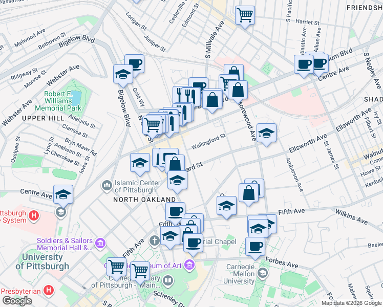 map of restaurants, bars, coffee shops, grocery stores, and more near 4719 Wallingford Street in Pittsburgh