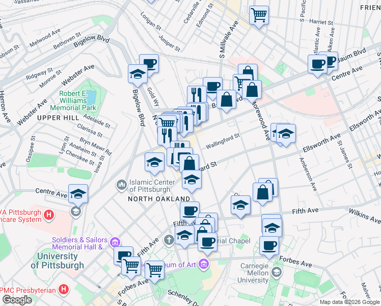 map of restaurants, bars, coffee shops, grocery stores, and more near in Pittsburgh