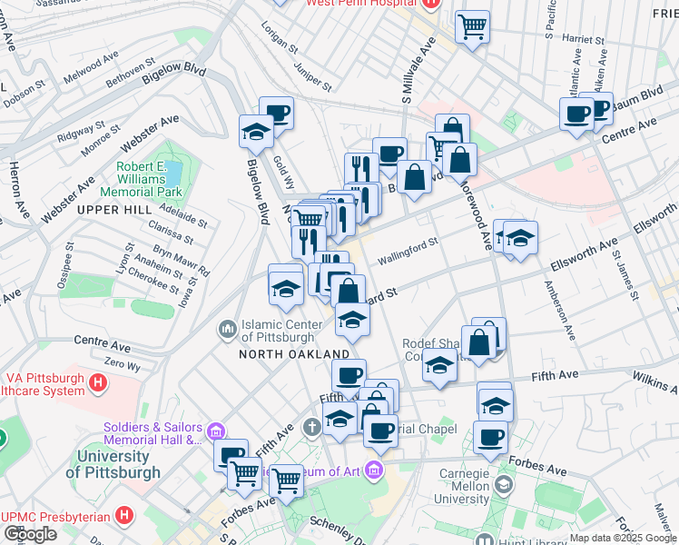 map of restaurants, bars, coffee shops, grocery stores, and more near in Pittsburgh