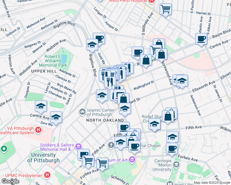 map of restaurants, bars, coffee shops, grocery stores, and more near in Pittsburgh
