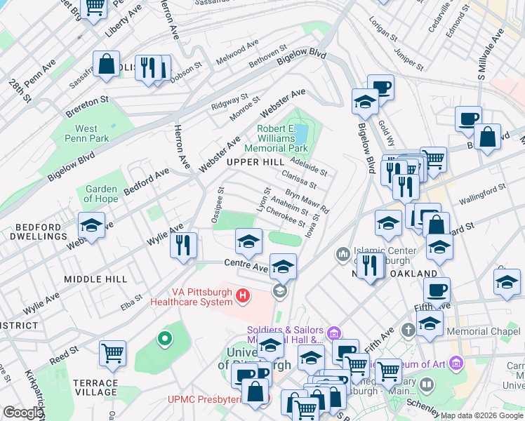 map of restaurants, bars, coffee shops, grocery stores, and more near 801 Anaheim Street in Pittsburgh