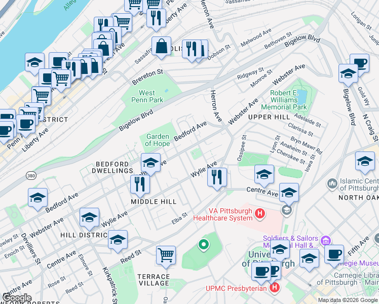 map of restaurants, bars, coffee shops, grocery stores, and more near 711 Webster Terrace in Pittsburgh