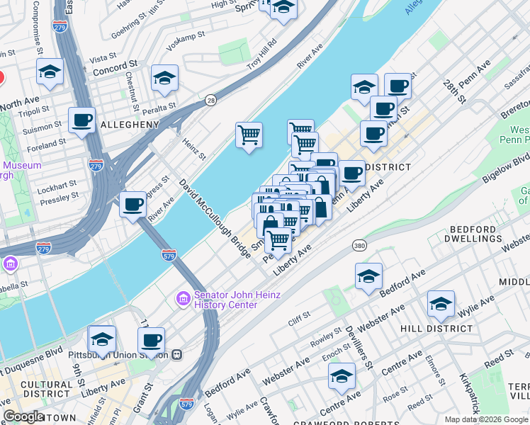 map of restaurants, bars, coffee shops, grocery stores, and more near 1759 Waterfront Place in Pittsburgh