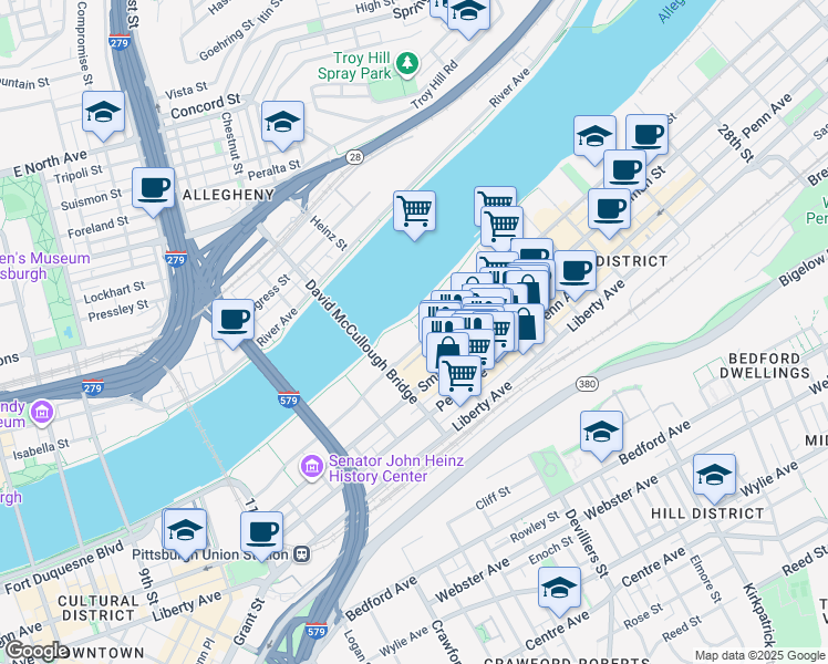 map of restaurants, bars, coffee shops, grocery stores, and more near 1759 Waterfront Place in Pittsburgh