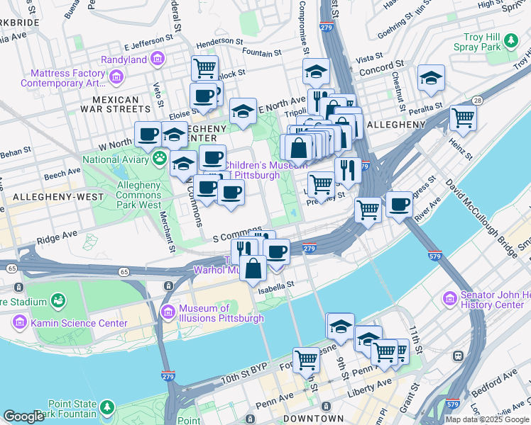 map of restaurants, bars, coffee shops, grocery stores, and more near 113 East Commons in Pittsburgh