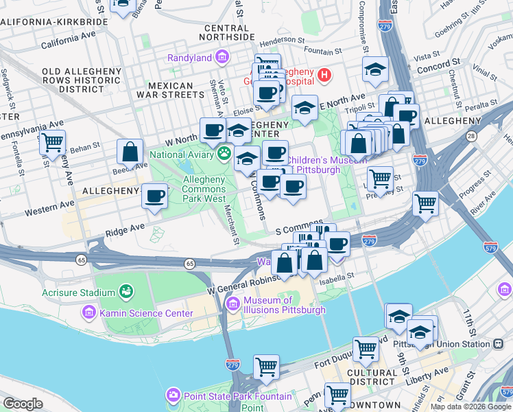 map of restaurants, bars, coffee shops, grocery stores, and more near 200 Children's Way in Pittsburgh