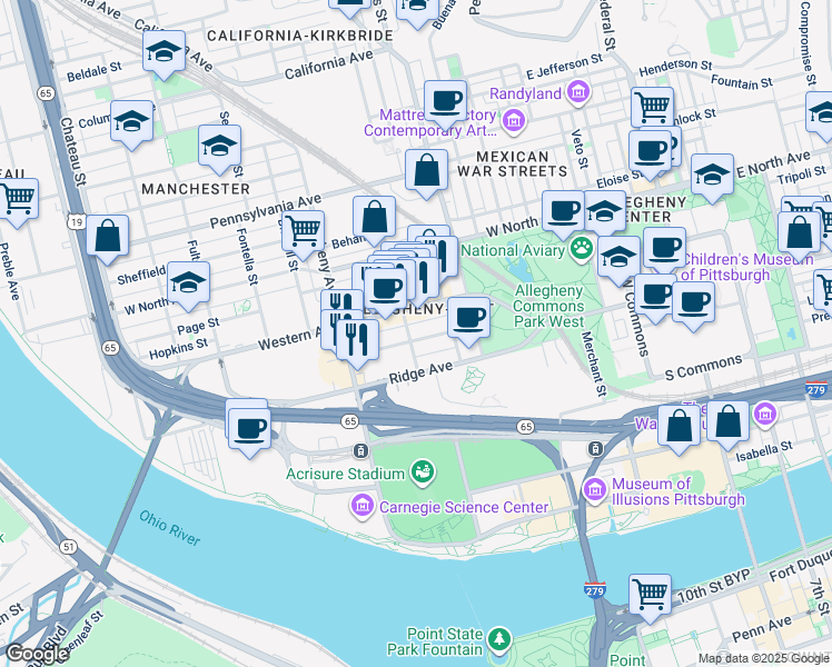 map of restaurants, bars, coffee shops, grocery stores, and more near 847 Western Avenue in Pittsburgh