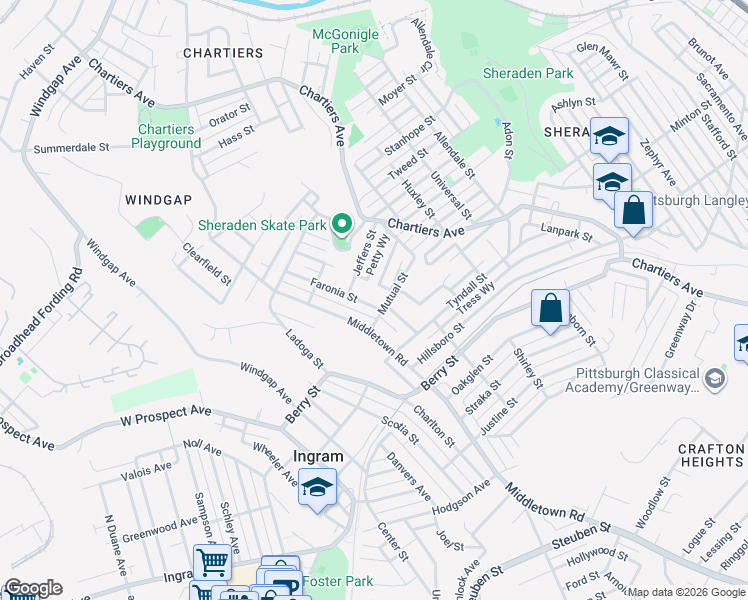 map of restaurants, bars, coffee shops, grocery stores, and more near 1361 Jeffers Street in Pittsburgh