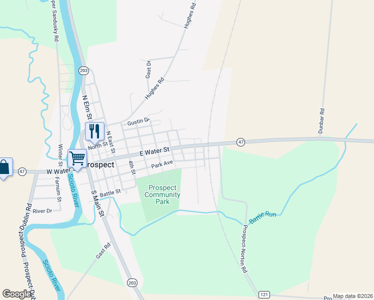 map of restaurants, bars, coffee shops, grocery stores, and more near 802 East Water Street in Prospect