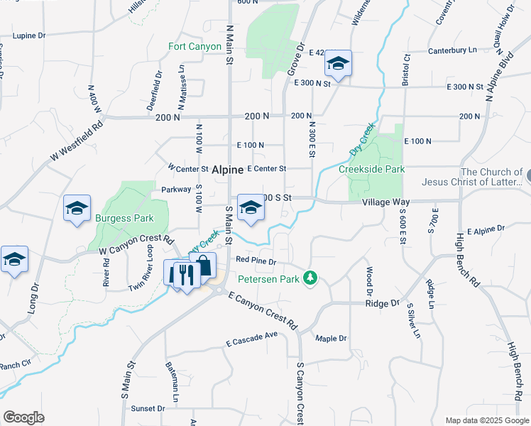 map of restaurants, bars, coffee shops, grocery stores, and more near 140 East 100 South in Alpine