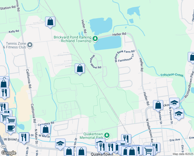 map of restaurants, bars, coffee shops, grocery stores, and more near 1243 Fieldstone Court in Quakertown