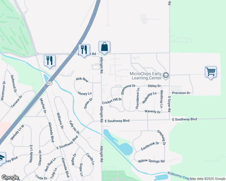 map of restaurants, bars, coffee shops, grocery stores, and more near 3106 Matthew Drive in Kokomo