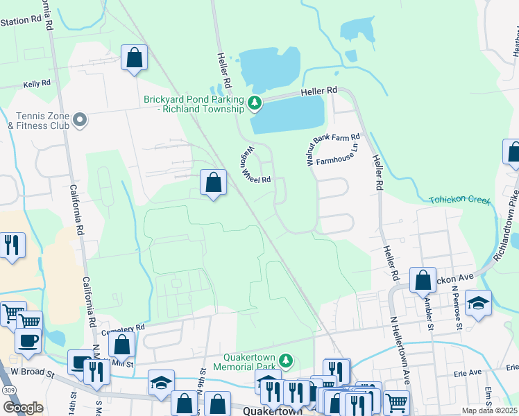 map of restaurants, bars, coffee shops, grocery stores, and more near 1243 Fieldstone Court in Quakertown
