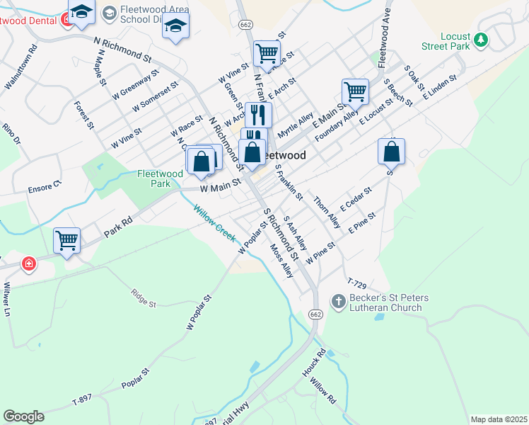 map of restaurants, bars, coffee shops, grocery stores, and more near 114 South Richmond Street in Fleetwood