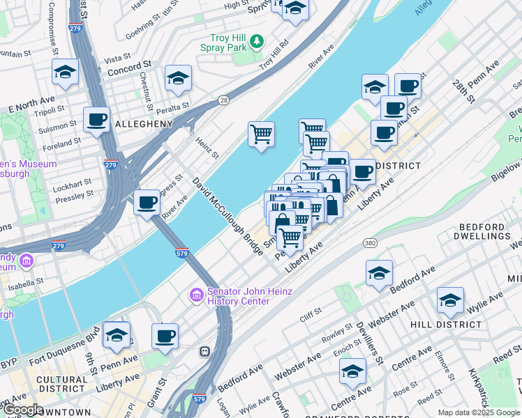 map of restaurants, bars, coffee shops, grocery stores, and more near 1759 Waterfront Place in Pittsburgh