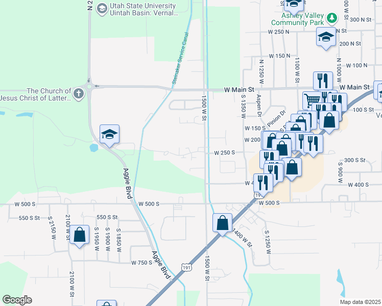 map of restaurants, bars, coffee shops, grocery stores, and more near 1551 300 South in Vernal