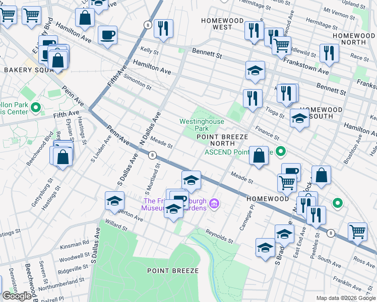 map of restaurants, bars, coffee shops, grocery stores, and more near 7033 Meade Street in Pittsburgh