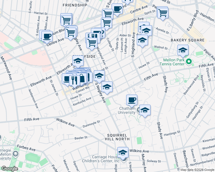 map of restaurants, bars, coffee shops, grocery stores, and more near 5747 Howe Street in Pittsburgh