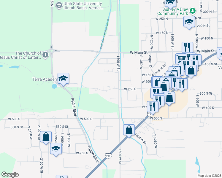 map of restaurants, bars, coffee shops, grocery stores, and more near 1560 300 South in Vernal