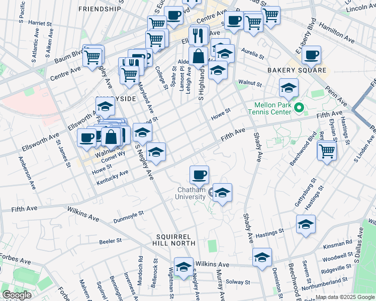 map of restaurants, bars, coffee shops, grocery stores, and more near 921 College Street in Pittsburgh