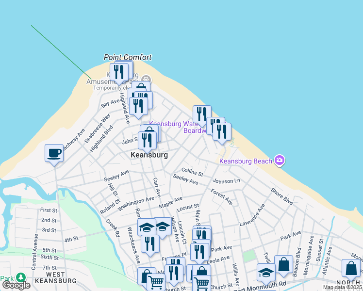 map of restaurants, bars, coffee shops, grocery stores, and more near Center Avenue & Bayview Avenue in Keansburg