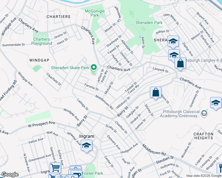 map of restaurants, bars, coffee shops, grocery stores, and more near 1327 Mutual Street in Pittsburgh