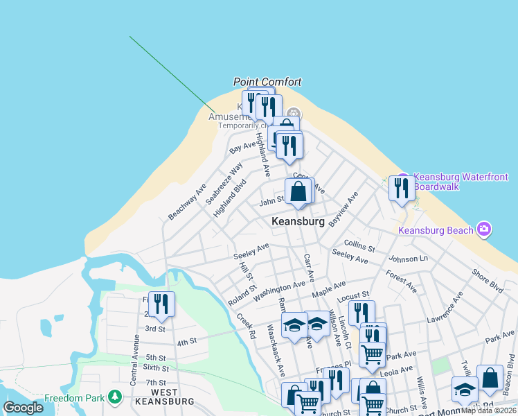 map of restaurants, bars, coffee shops, grocery stores, and more near 177 Center Avenue in Keansburg