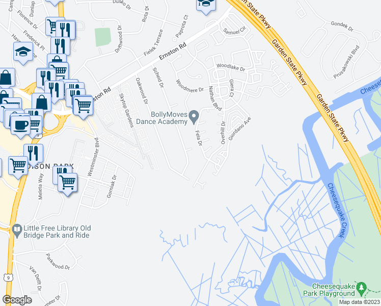 map of restaurants, bars, coffee shops, grocery stores, and more near 42 Scheid Drive in Sayreville