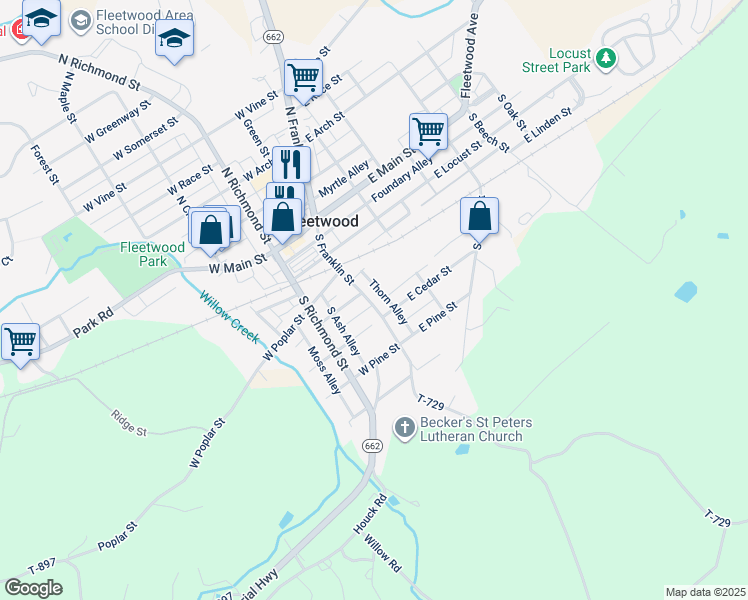 map of restaurants, bars, coffee shops, grocery stores, and more near 213 South Franklin Street in Fleetwood