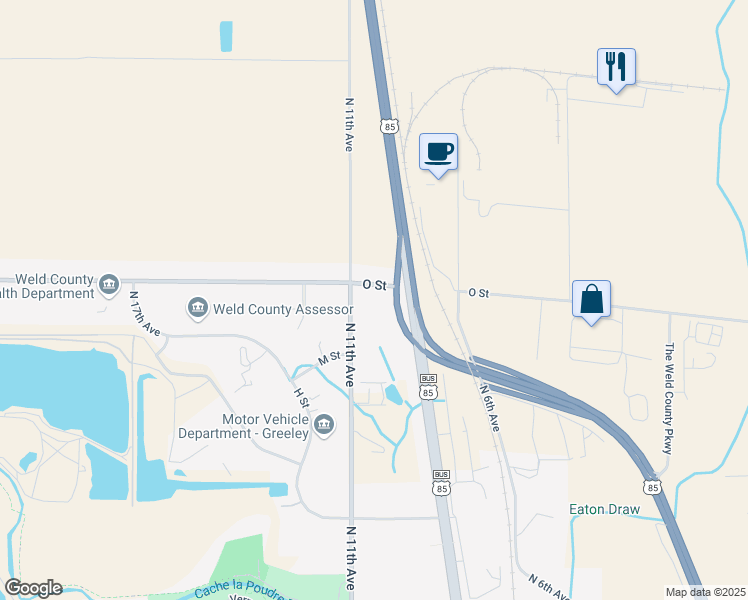 map of restaurants, bars, coffee shops, grocery stores, and more near 1520 North 11th Avenue in Greeley