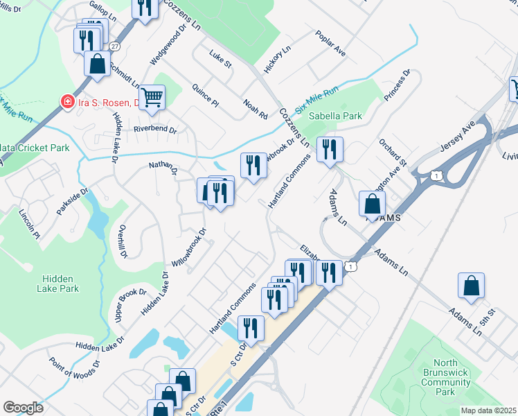 map of restaurants, bars, coffee shops, grocery stores, and more near 15 Towne Center Drive in North Brunswick Township