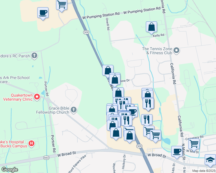 map of restaurants, bars, coffee shops, grocery stores, and more near 318 North West End Boulevard in Quakertown