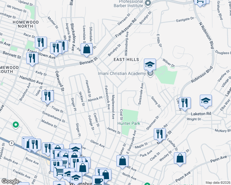 map of restaurants, bars, coffee shops, grocery stores, and more near 1825 Maplewood Avenue in Pittsburgh